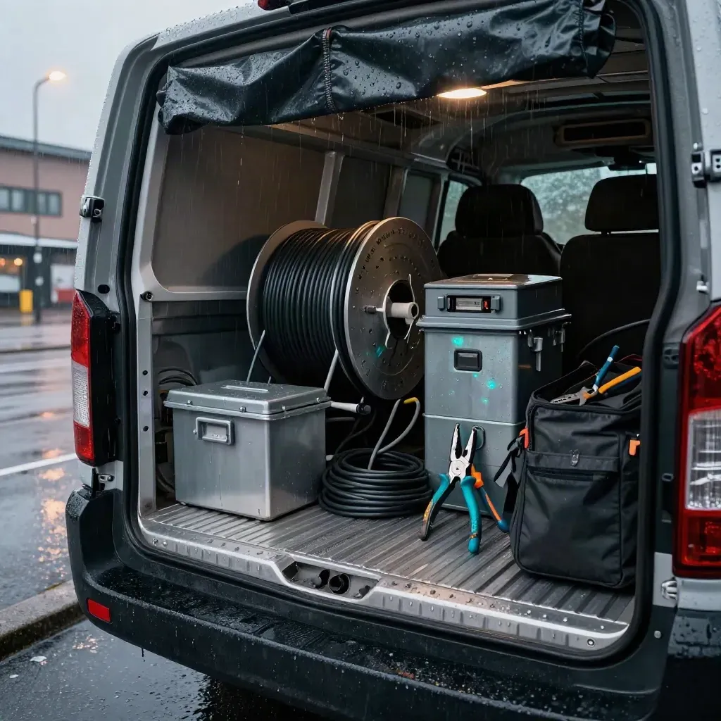 Öppen servicebil i Göteborg med kablar och verktyg efter regn, sedd lågt från bakluckan.