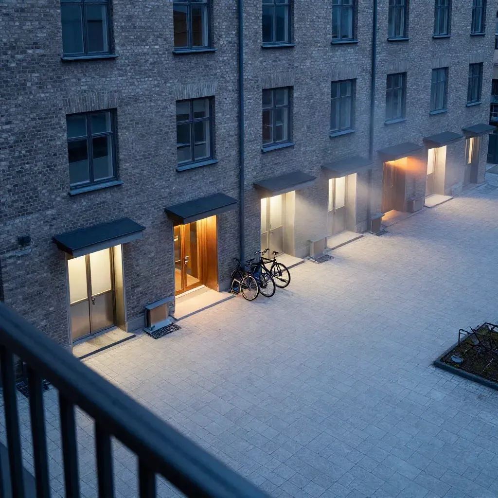 Stockholms innergård i skymning med upplysta entréer, cykelställ och kall kvällsdimma.