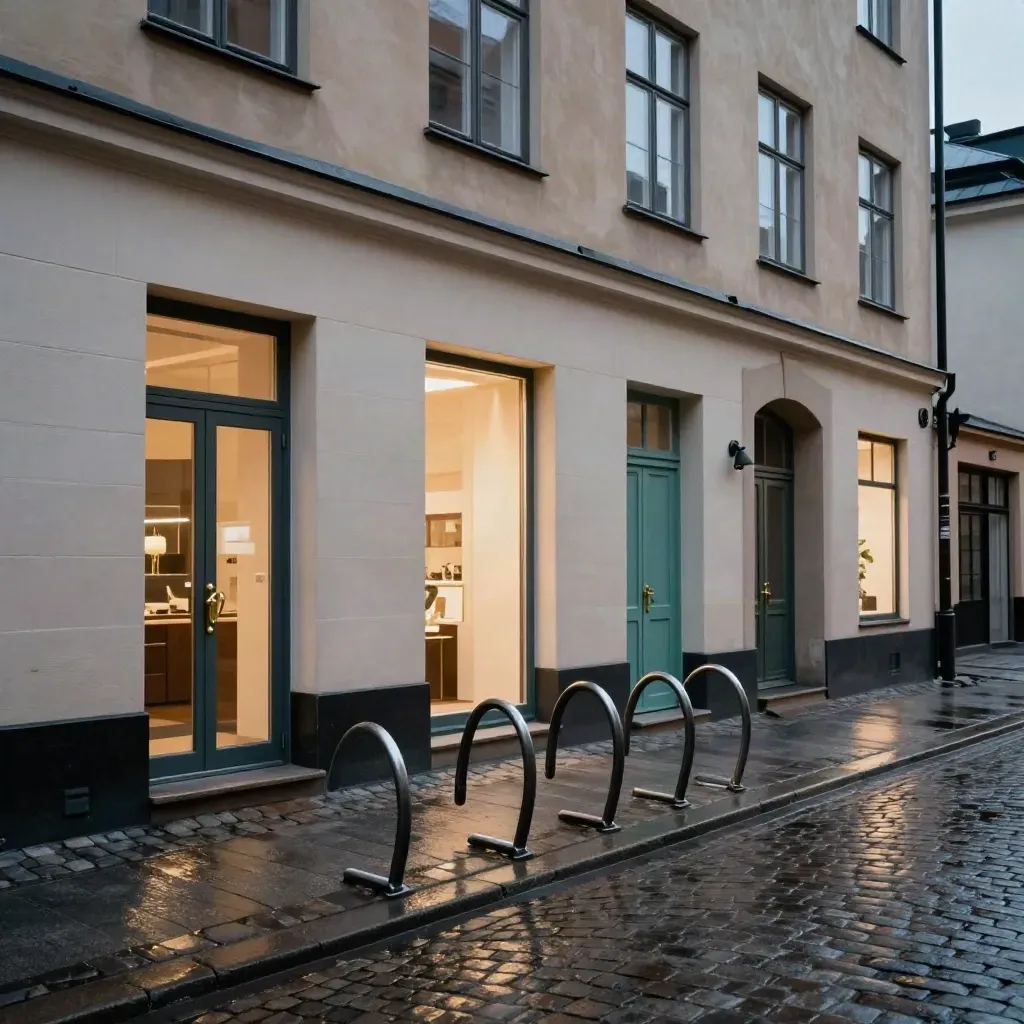 Stockholms innerstadsgata med små expertentréer, cykelställ och varmt fönsterljus i kvällsluften.